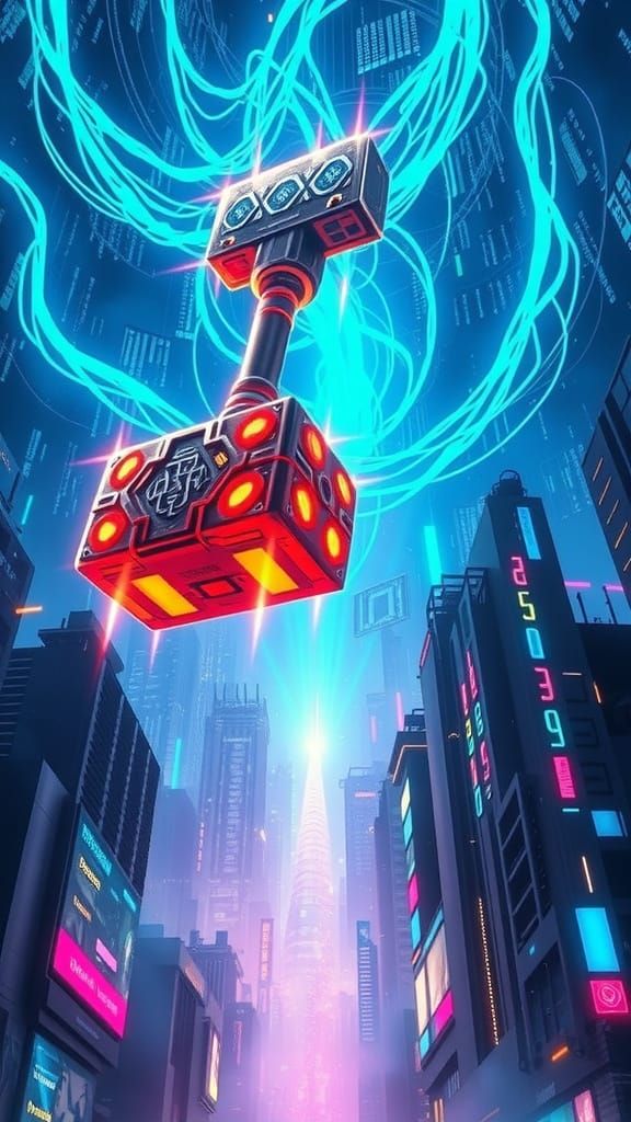 Cyberpunk Banhammer Descending in Neon Cityscape