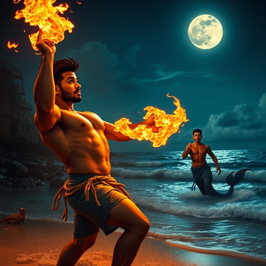 Fire Dancer on a Moonlit Shore