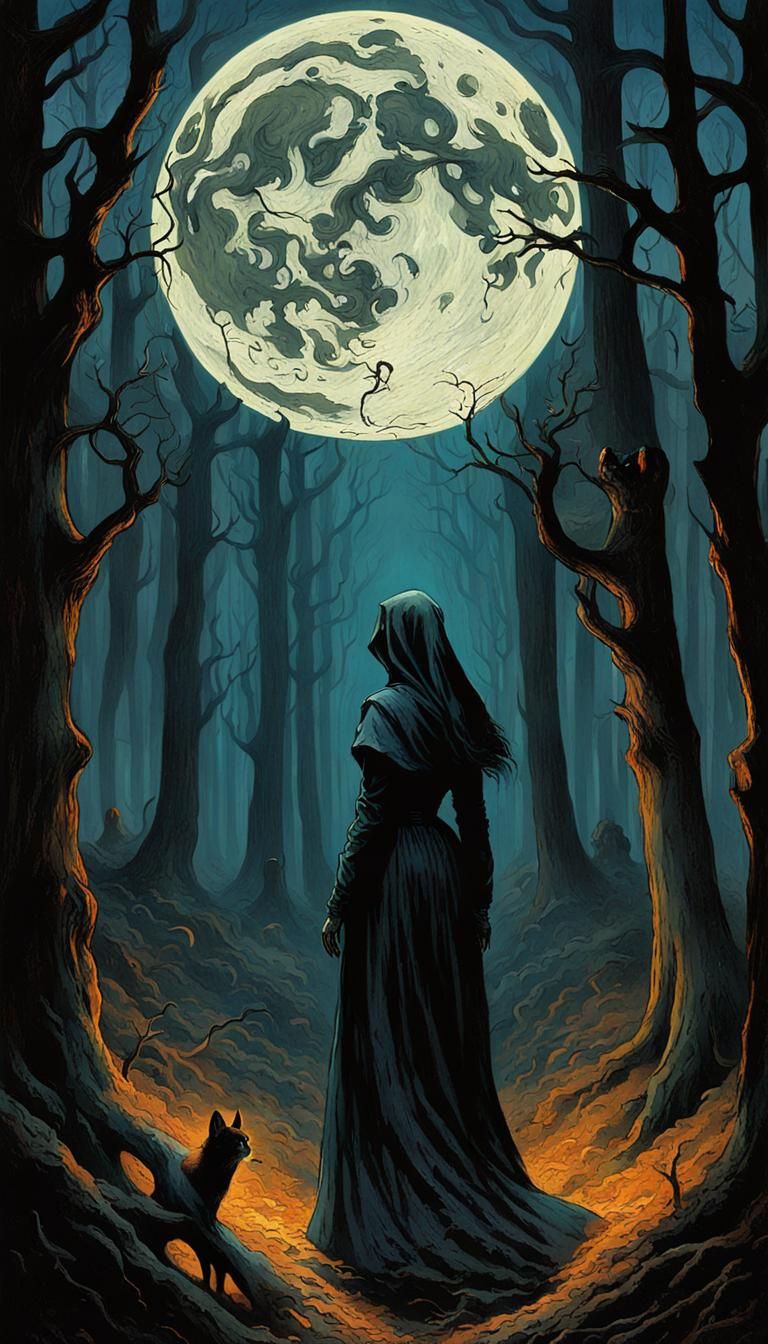 Gothic Woman in Haunted Woods, Oil Painting