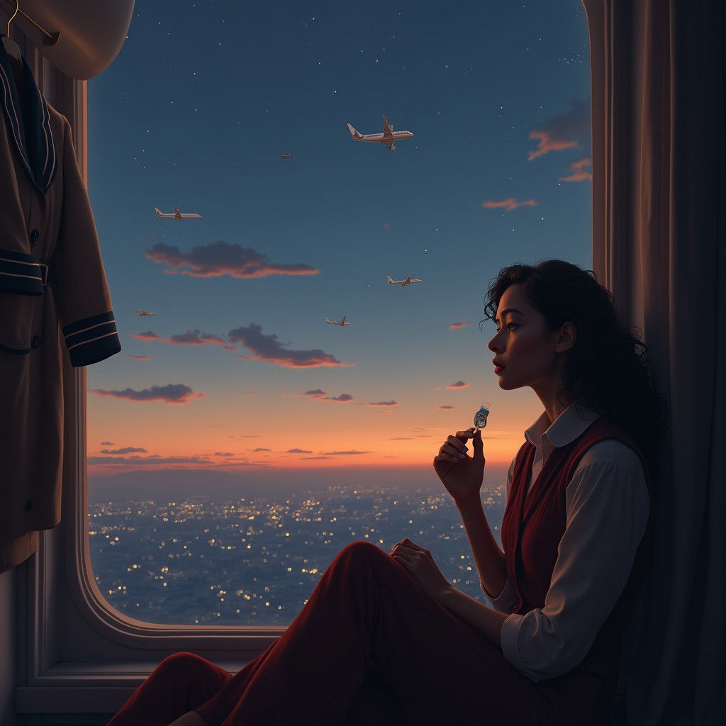 Nostalgic Woman at Dusk: Matte Painting Style