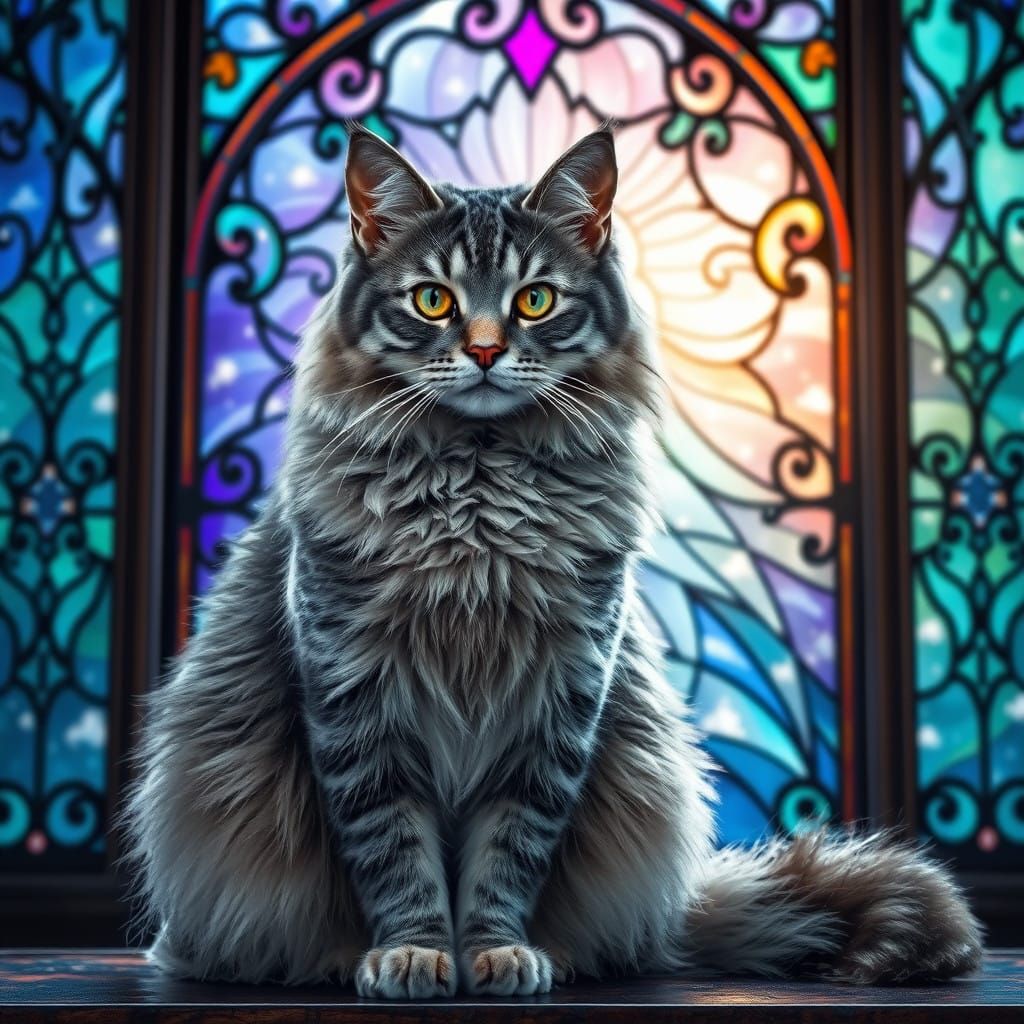 Majestic Grey Tabby Cat Amidst Vibrant Stained Glass Snowsto...
