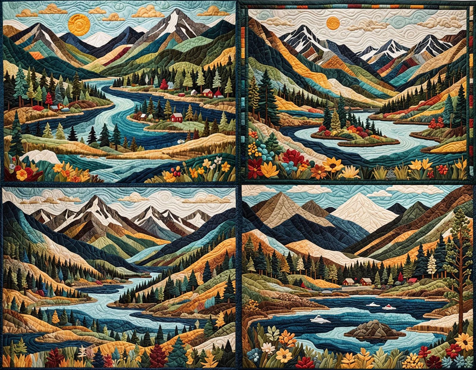 Quilted Nature Scene with Mountains and Lakes