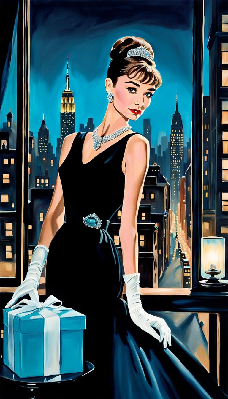 1961 Classic film scene featuring the iconic Audrey Hepburn in "Breakfast at Tiffany's," black Givenchy evening gown flo...