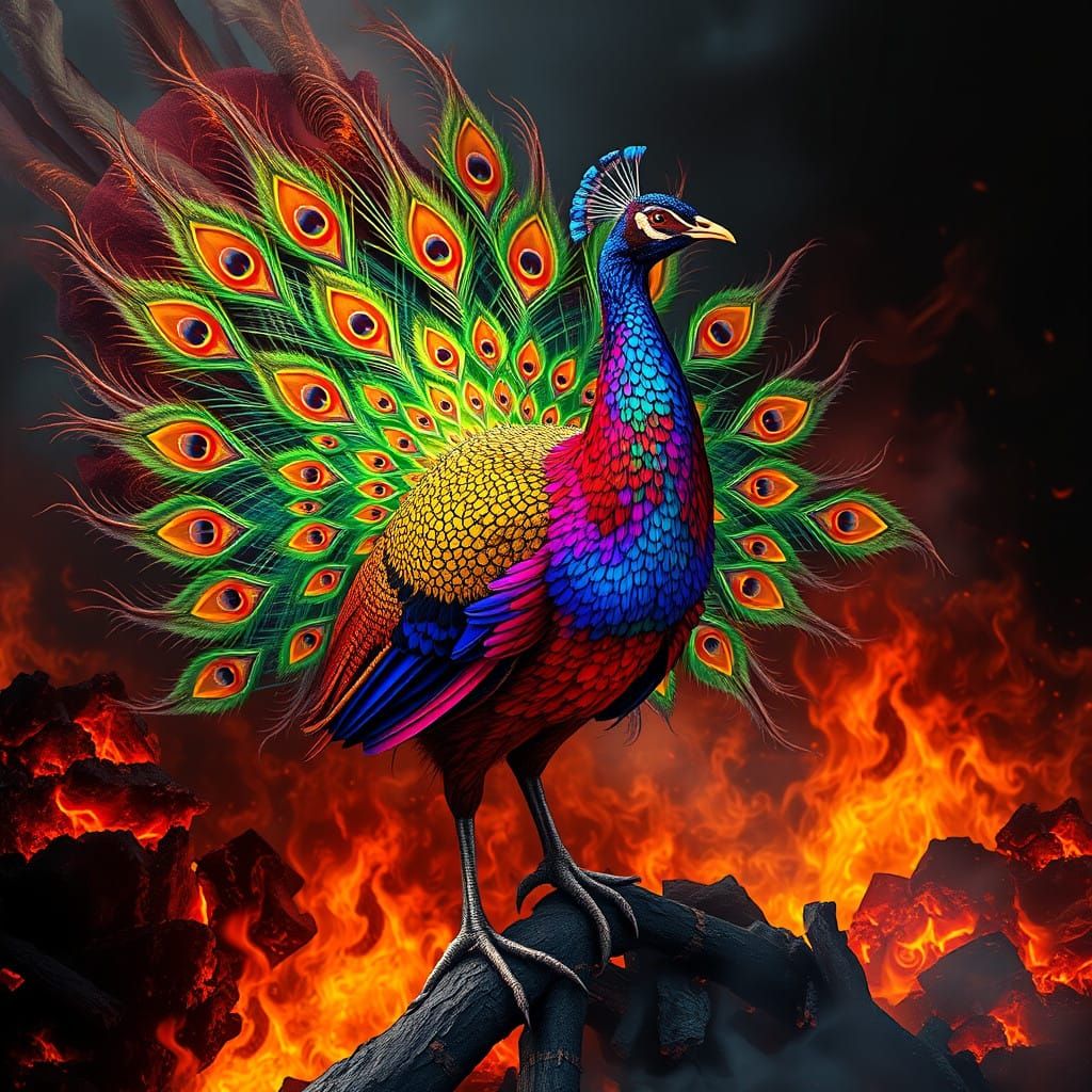 Iridescent Peacock Masterpiece in Vibrant Hues and Geometric...