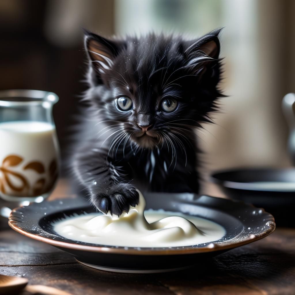 Cute Silky Black Kitten Playing in Milk
