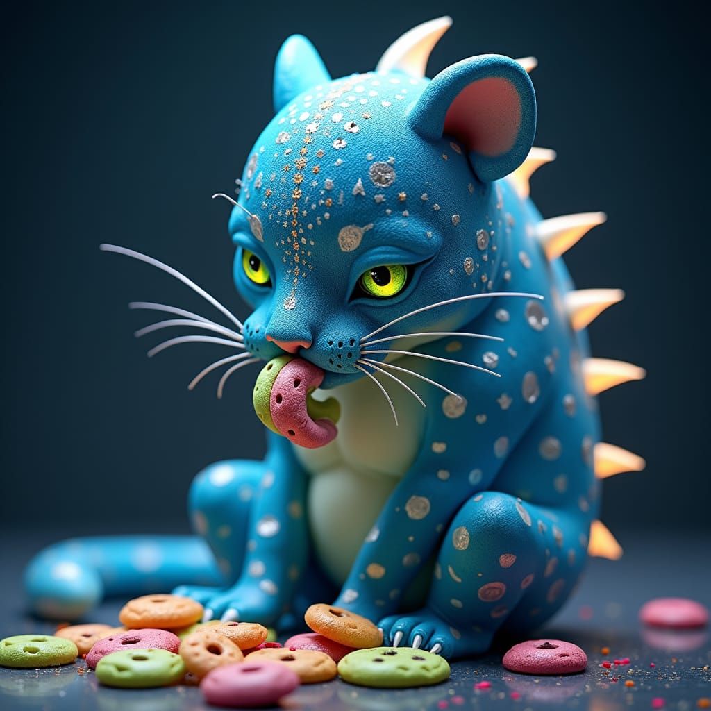 Luminous Jaguar Humanoid with Ladybugs, Digital Art