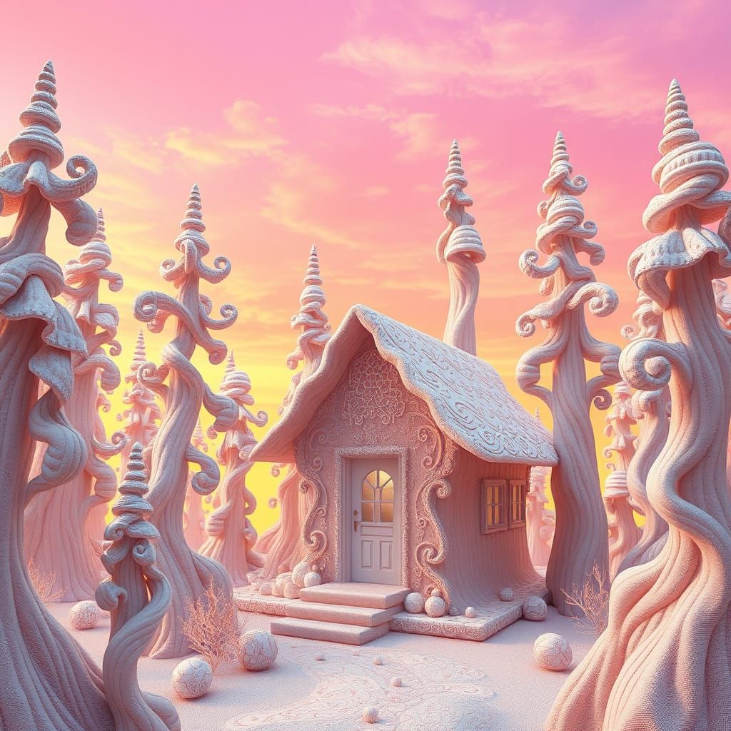Dreamlike Whimsical Cabin Amidst Vibrant Fabric Forest