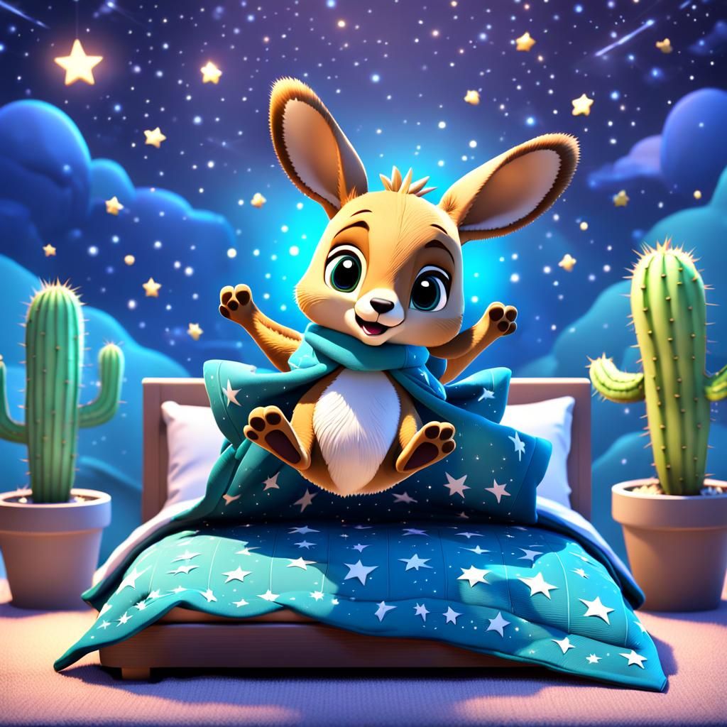 Chibi Kangaroo Jumps on Bed Under Starry Sky