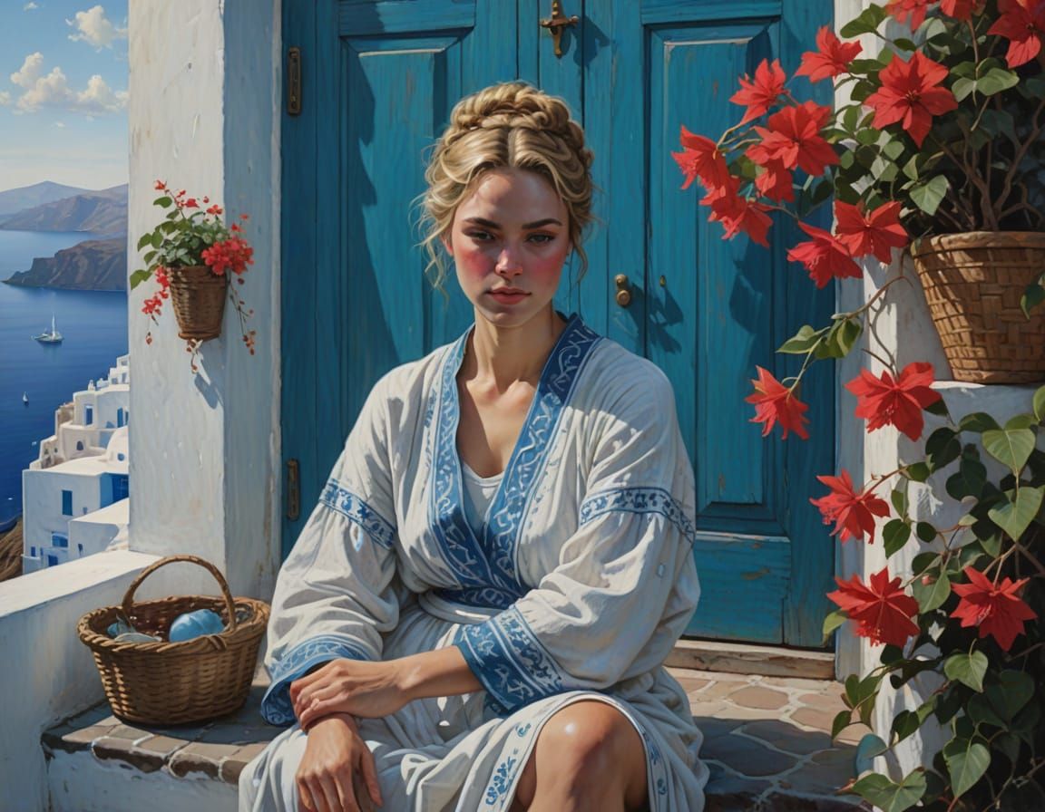 Woman on Santorini Porch, Oil Painting in Rembrandt Style
