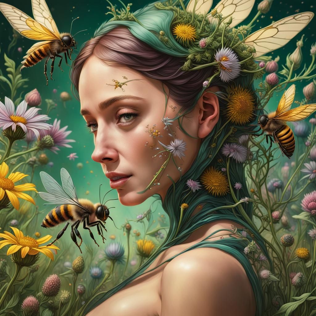 Bee and Woman in Wildflower Pollination Cycle