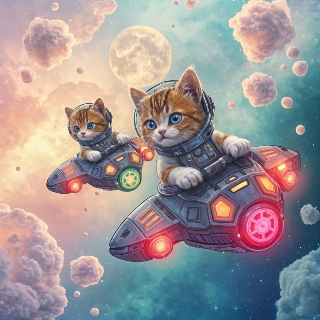 Kittens Explore Cosmic Spaceships in a Vibrant Nebula