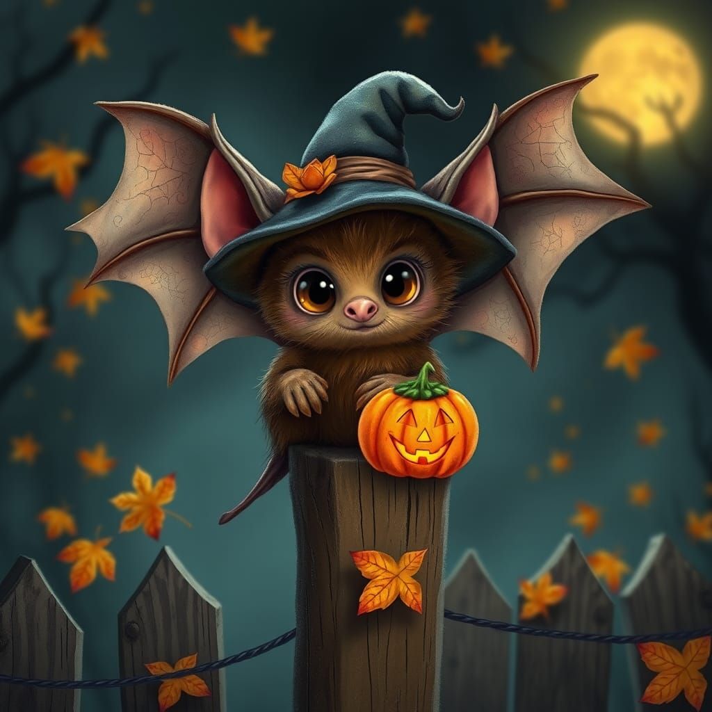 Bat in Witch Hat for Halloween, Illustrated Style