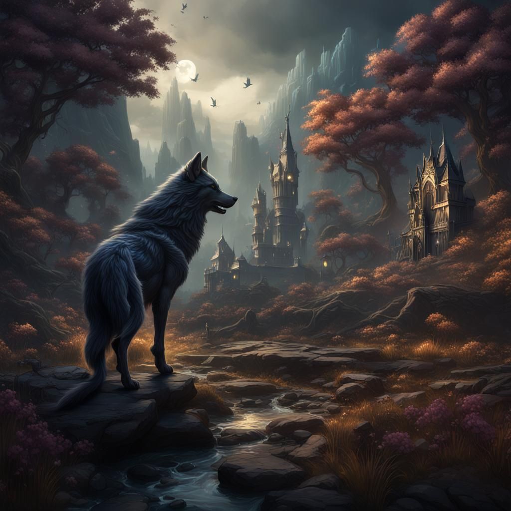 Fantasy Wolf in Dark Fairy Tale Style