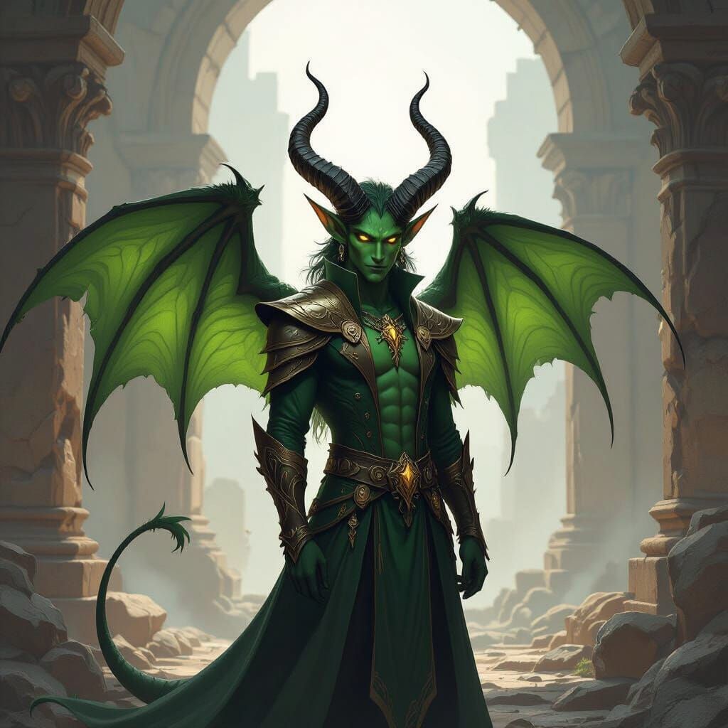Noble Green Winged Tiefling in Dark Fantasy Style