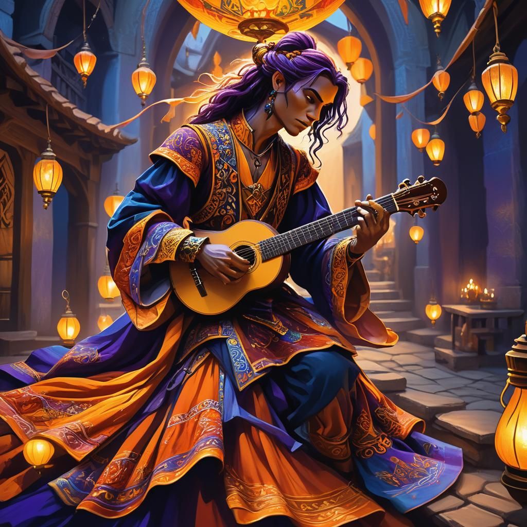 Tiefling Lute Player in Opulent Fantasy Art