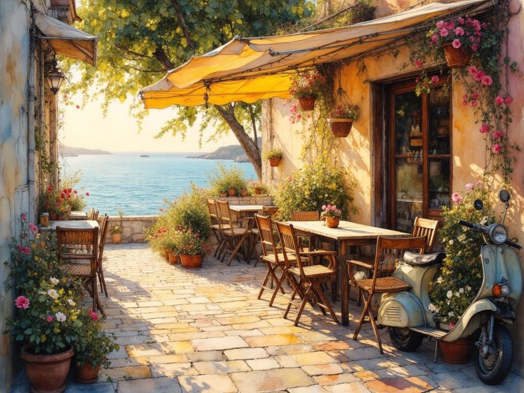 Seaside Café at Golden Hour in Expressionist Impasto Style