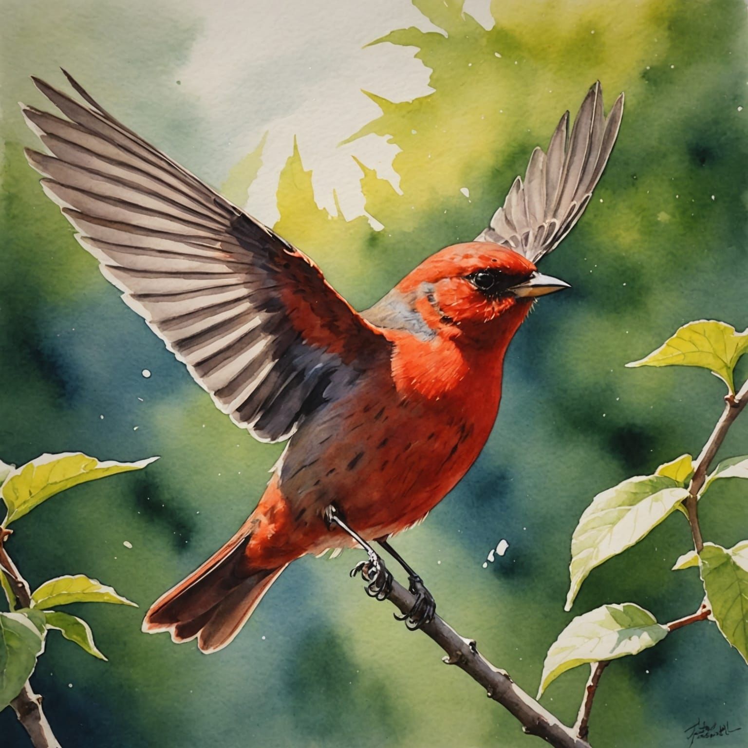 Red Warbler Takes Flight in Watercolor Style