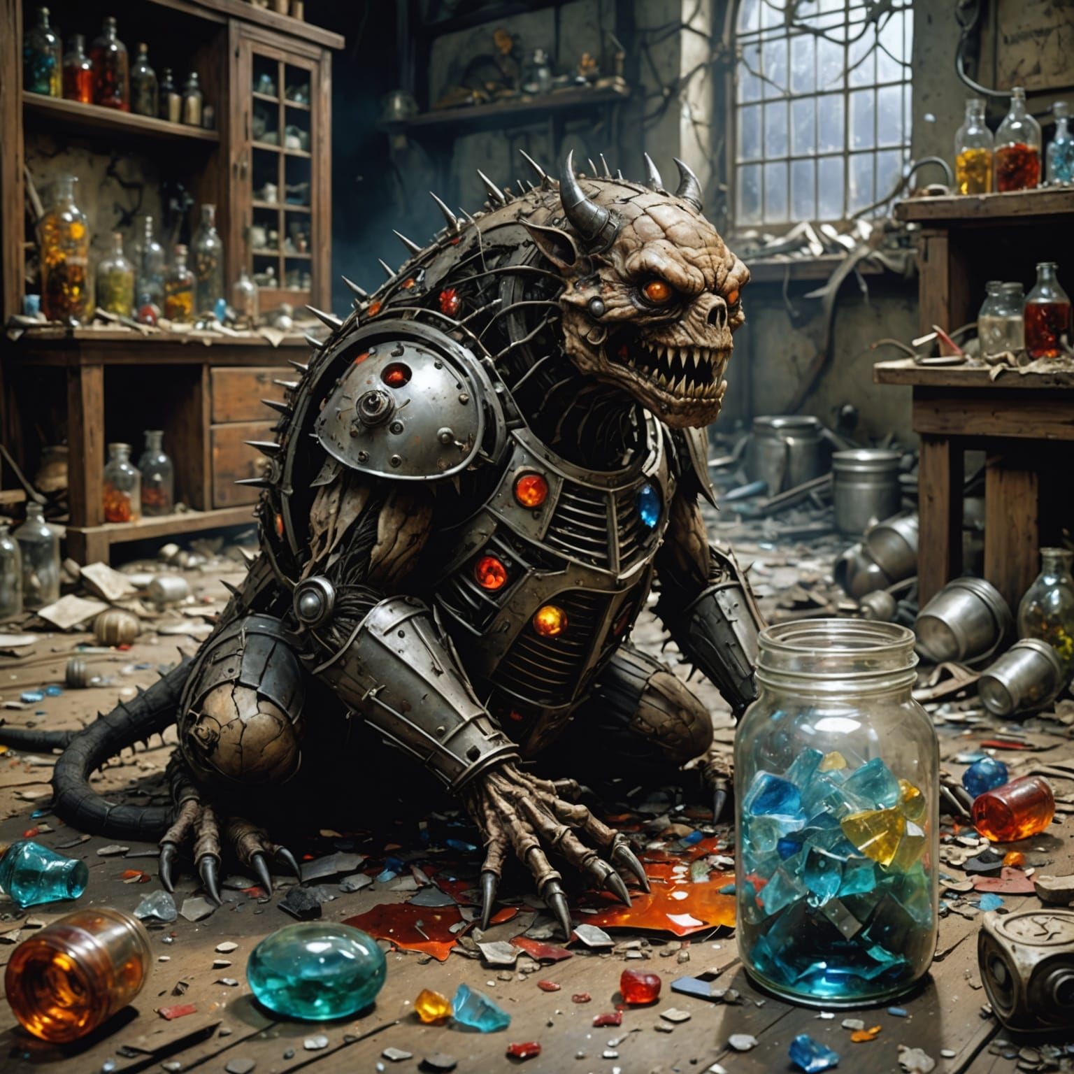 Monster Emerges from Shattered Jar in Dark Fantasy Style