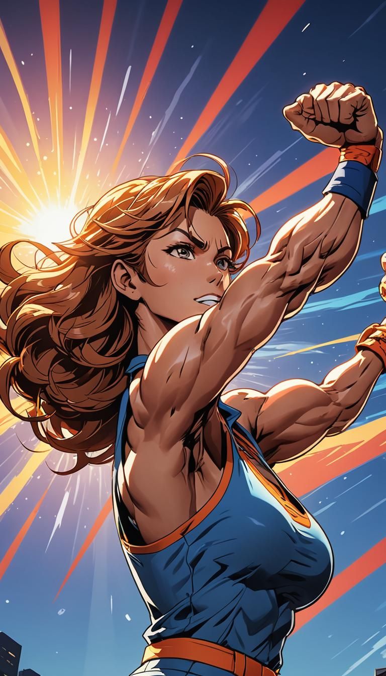 Anime Woman's Muscular Transformation in Cel-Shaded Style