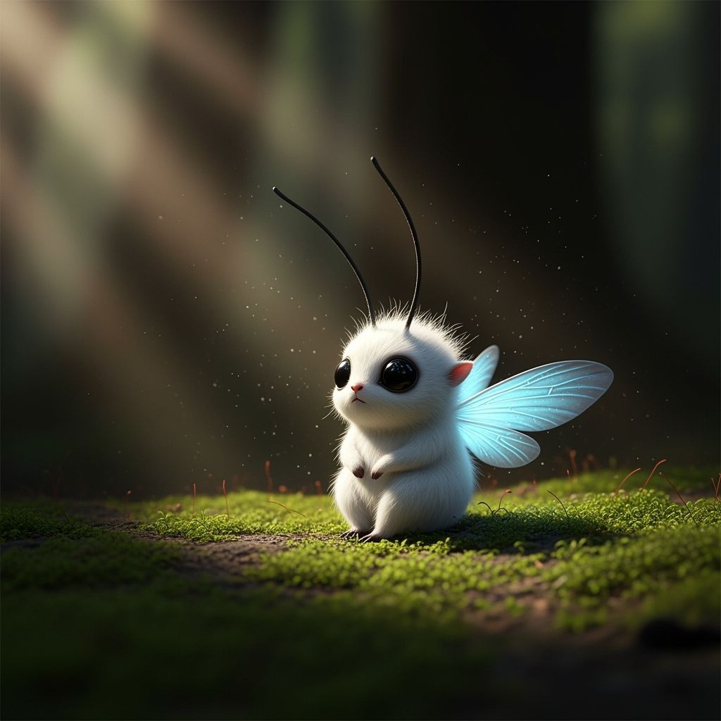 Fluffy White Creature with Blue Wings on Mossy Forest Floor