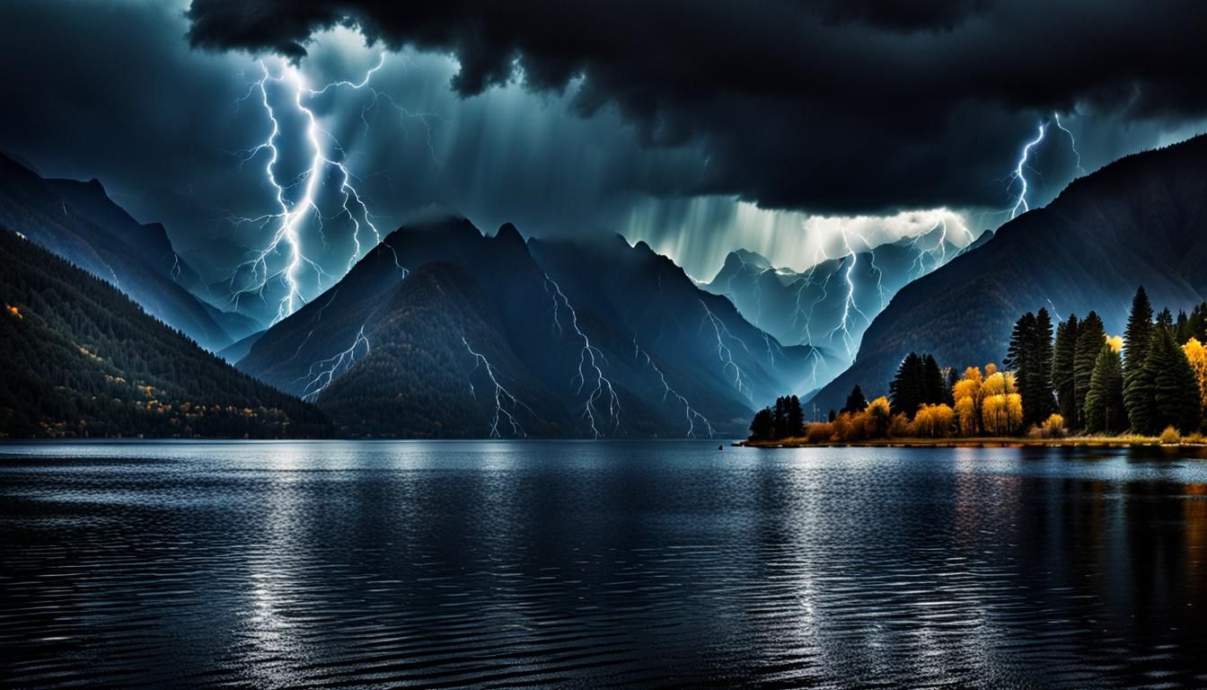 Dramatic Lake Scene with Rain and Lightning