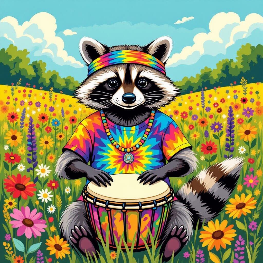 Hippie Raccoon Plays Bongos in Wildflower Field
