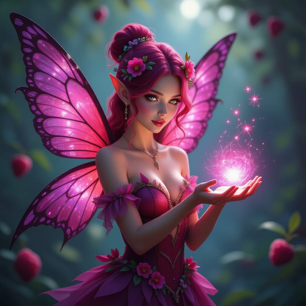 Detailed Raspberry Fairy Radiates Light in Fantastical Realm