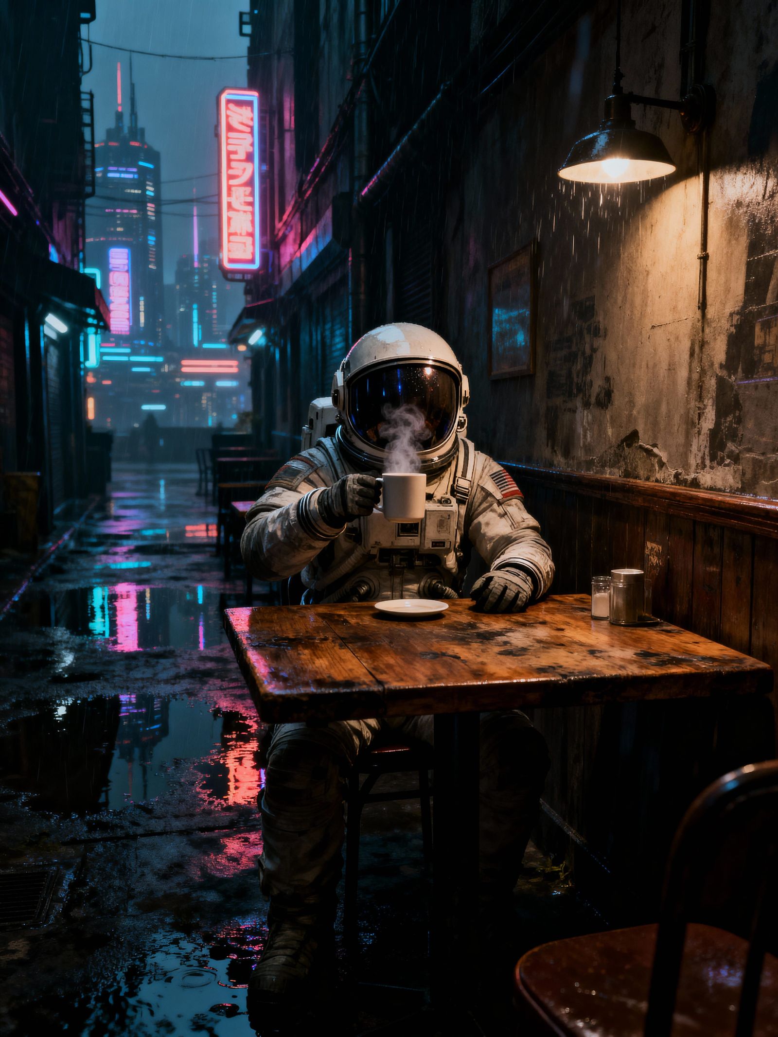 Astronaut Alone in Gritty Rain-Slicked Cafe