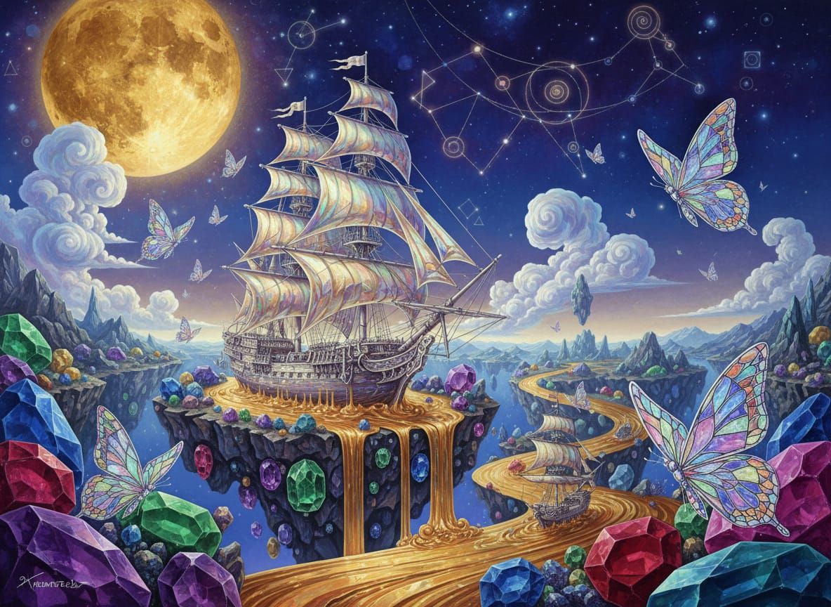 Surreal Crystal Clipper Ship in Dreamlike Landscape