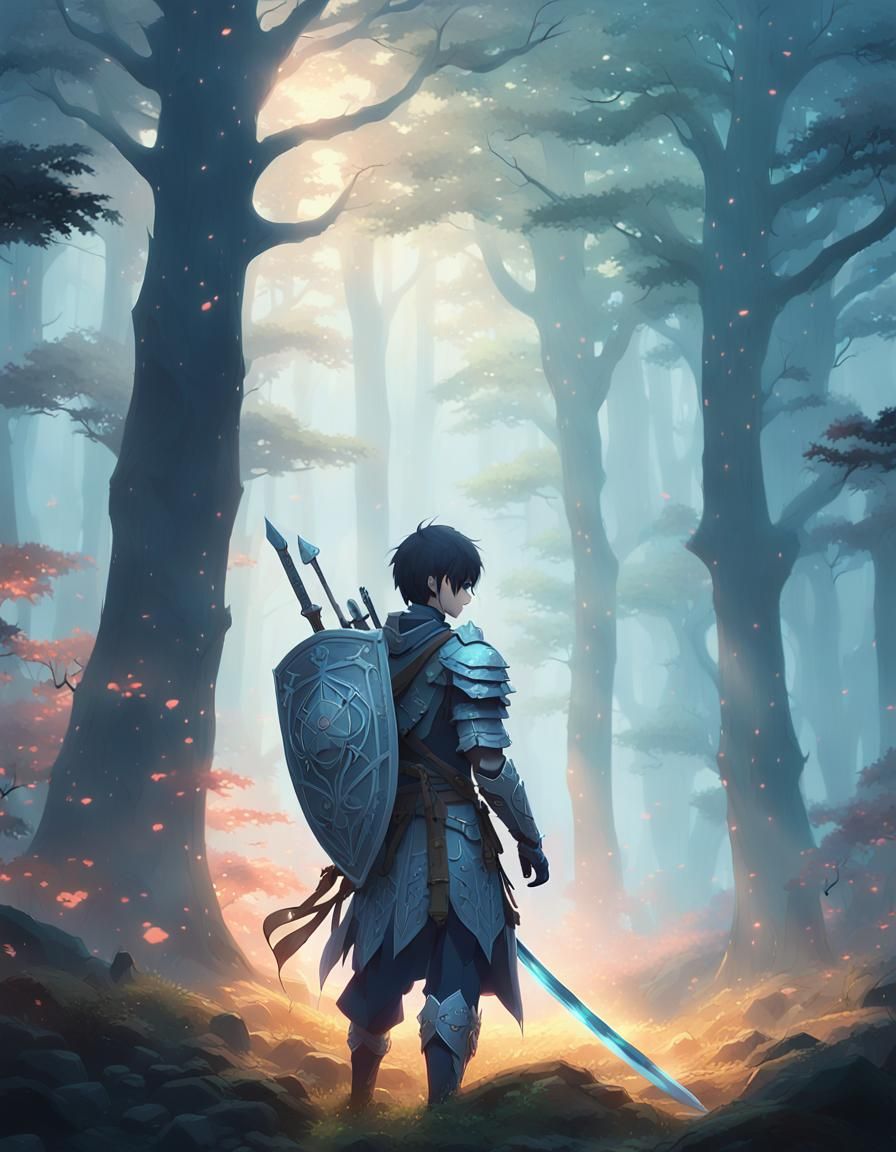 Heroic Anime Warrior in Mystical Forest