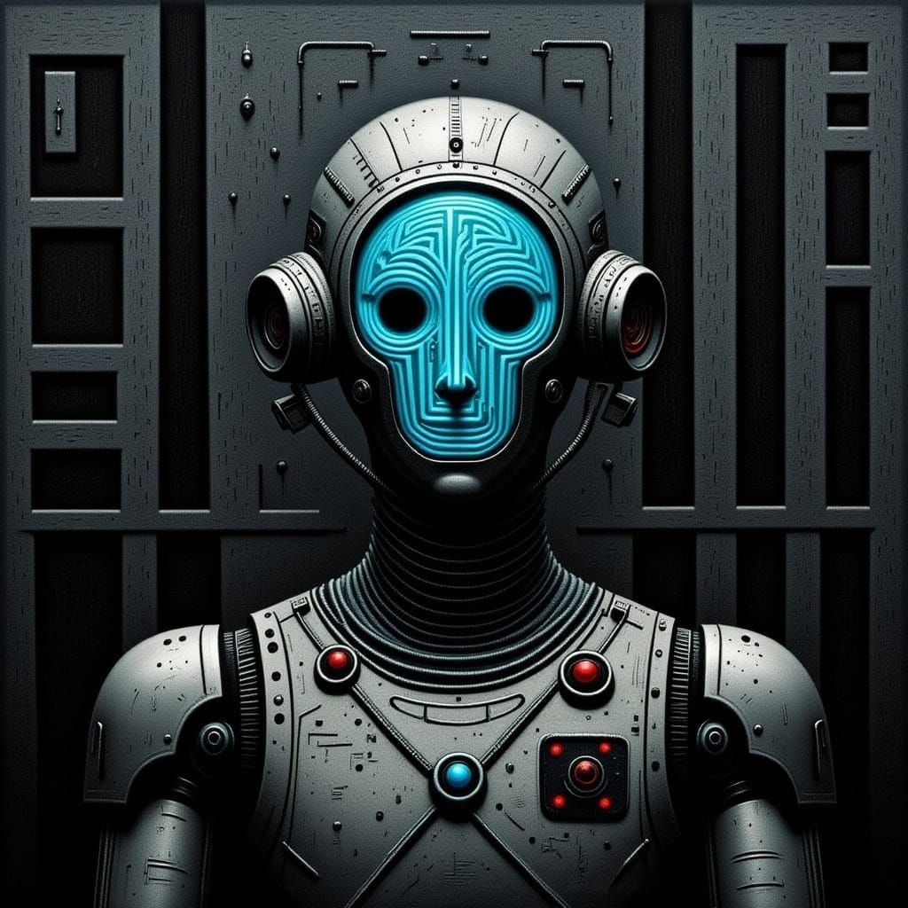 Futuristic Robot with Blue Maze Embedded Face