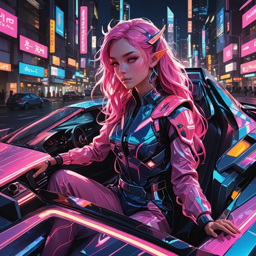 Futuristic Neon Elf Drives Cyberpunk Car