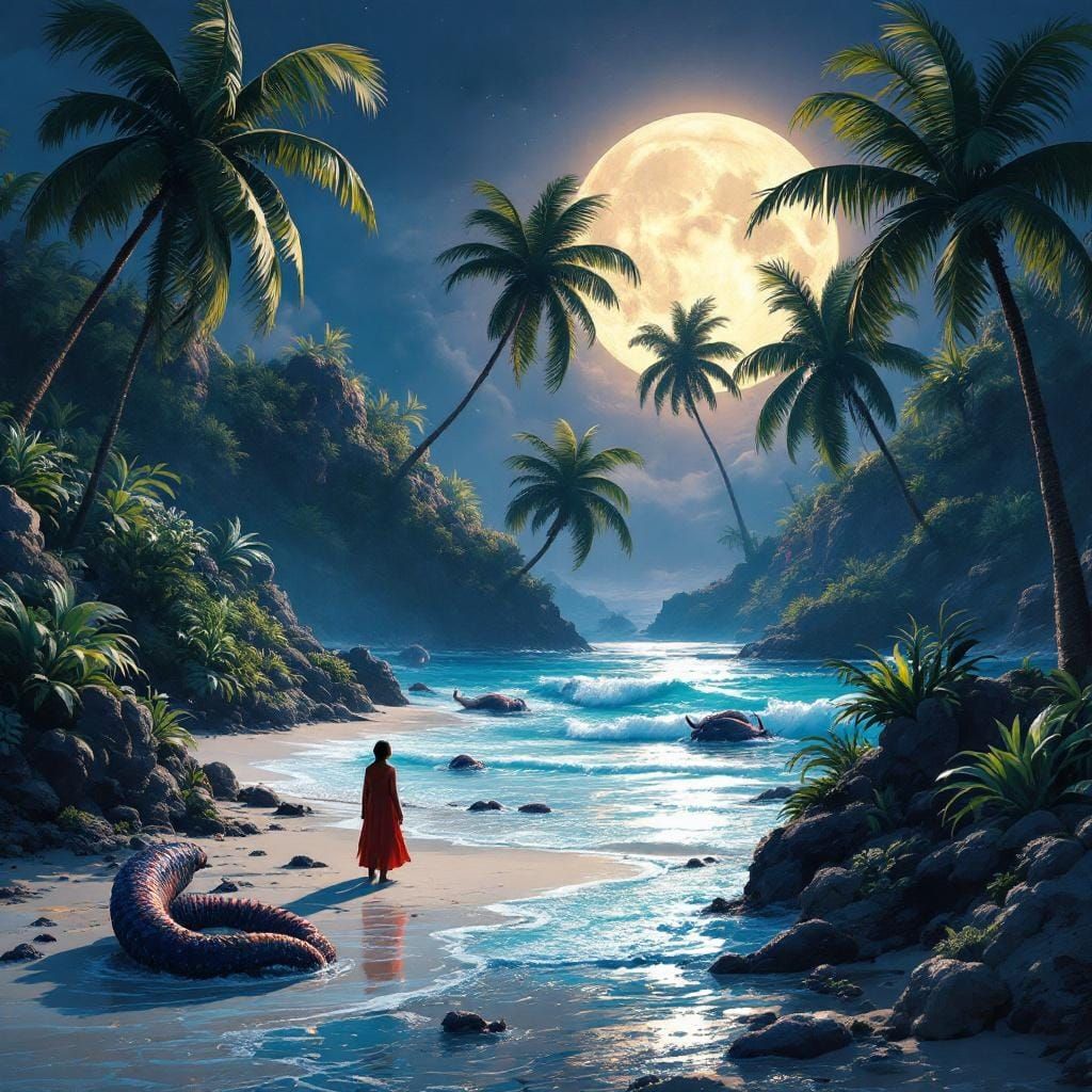Mystical Moonlit Beach Scene in Matte Painting Style
