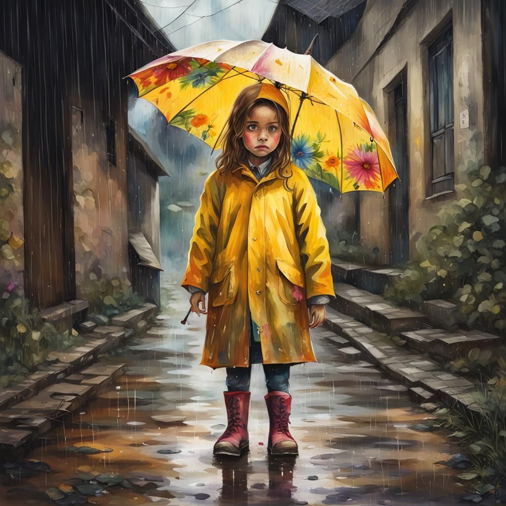 Little Girl in Abandoned Village, Dark Watercolor