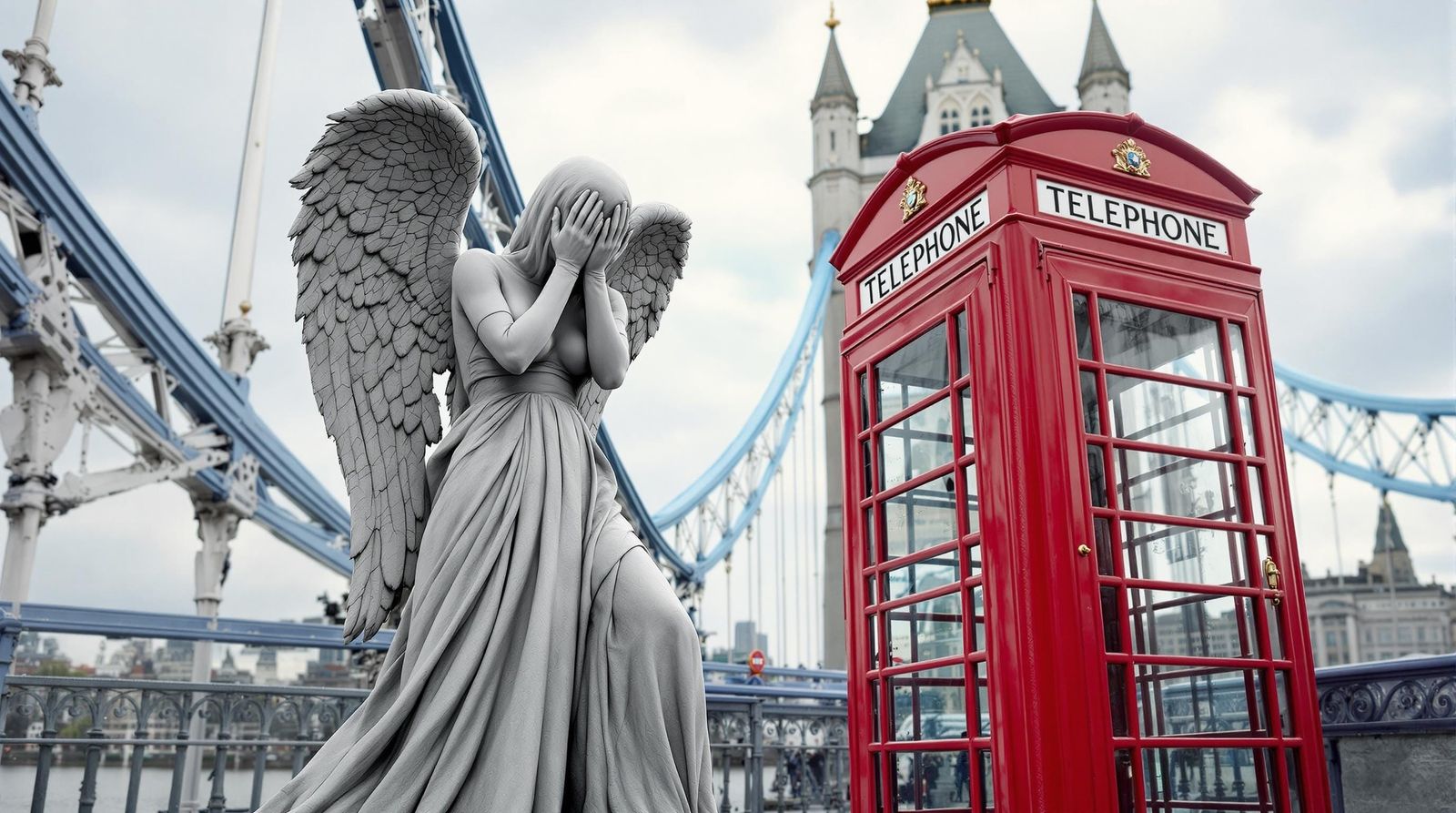 Surreal Weeping Angel Statue on Tower Bridge in London