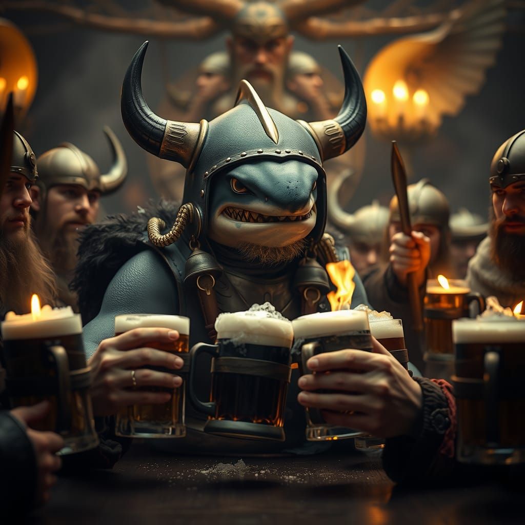 Humanoid Shark Celebrates with Vikings, Cinematic Lighting