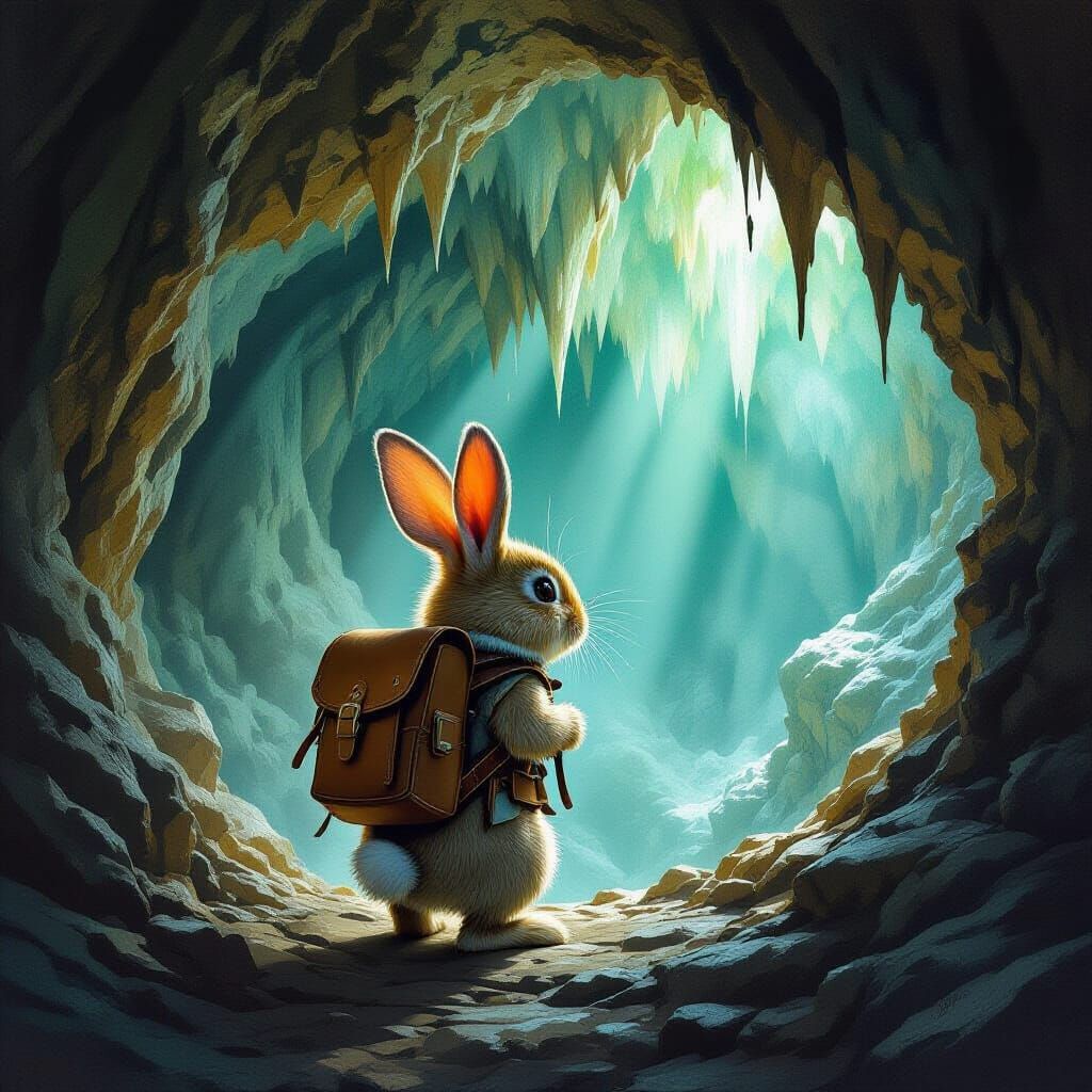 Rabbit Adventurer Explores Glowing Caves in Fantasy Art Styl...