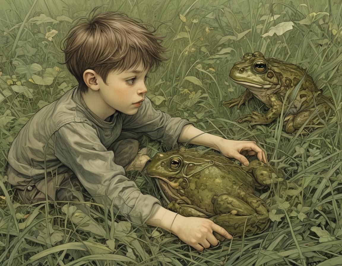 Boy and Frog in Grassy Field, Detailed Illustration