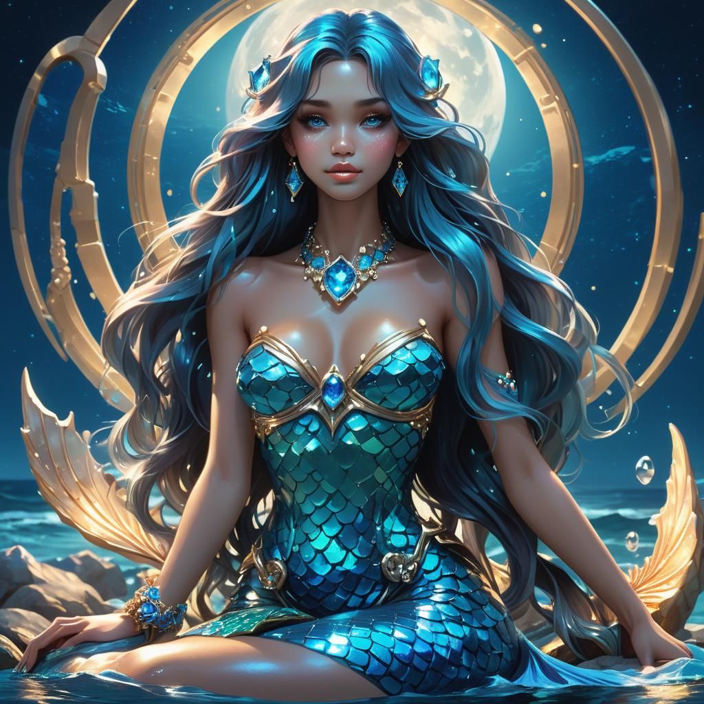 Cyber Mermaid on Diamond Stone, Hyperdetailed Art