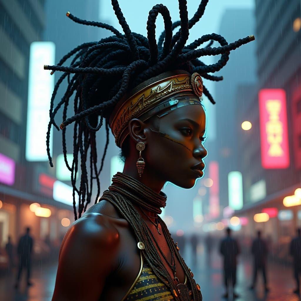 Cyberpunk African Warrior Priestess with Headdress