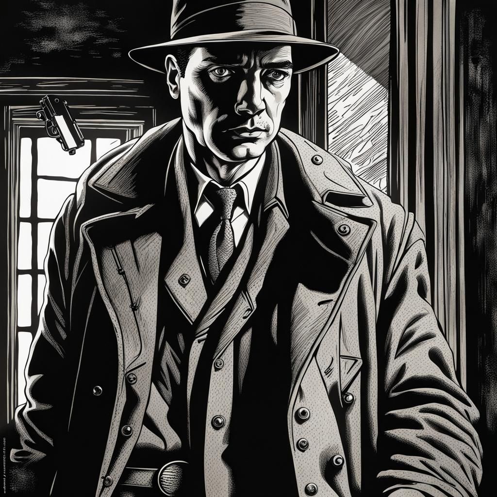 Noir Detective in Black Ink Drawing