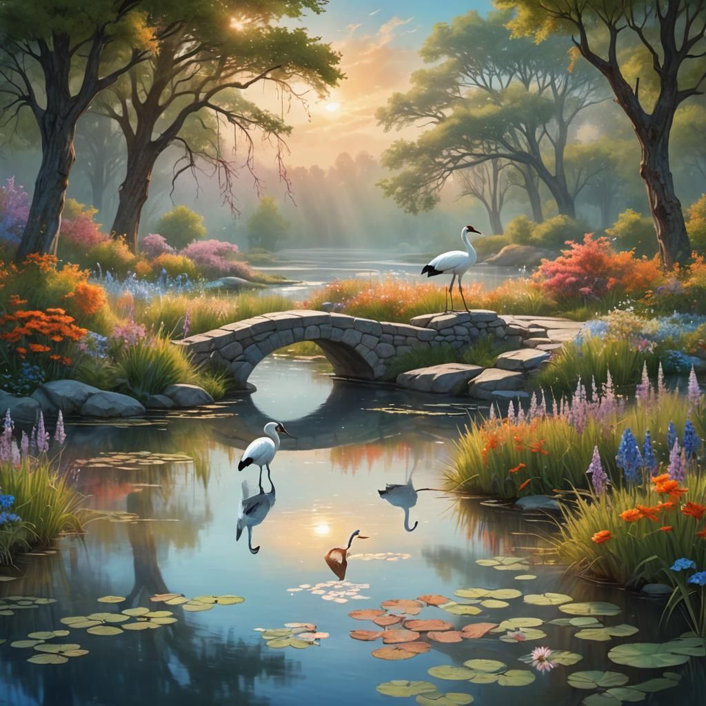 Stone Bridge and Cranes in Ethereal Landscape