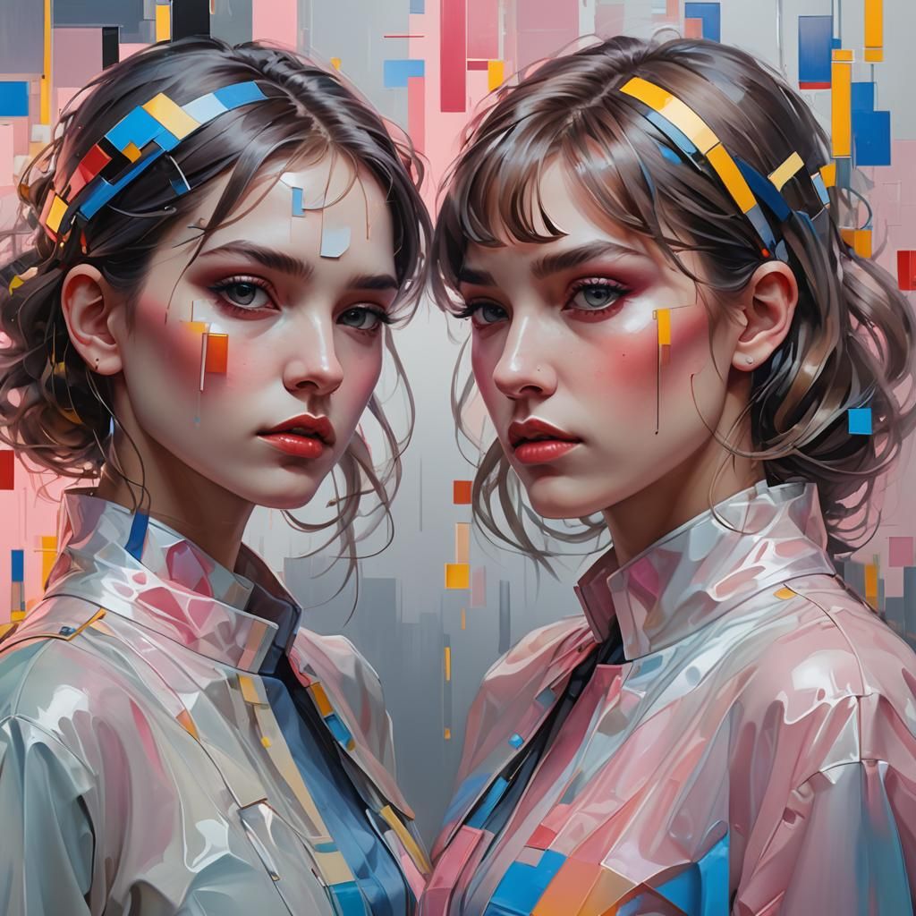 Abstract Portrait of Two Girls in Mondrian Style