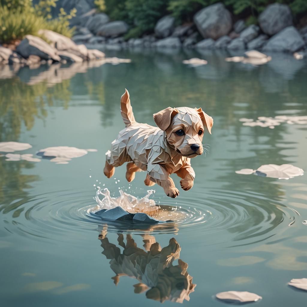 Puppy's Papercraft Leap Across Serene Lake