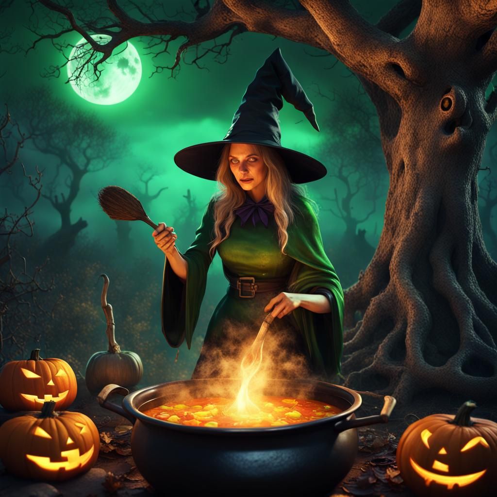 Halloween Witch Brewing Magic Potion Under Moonlight