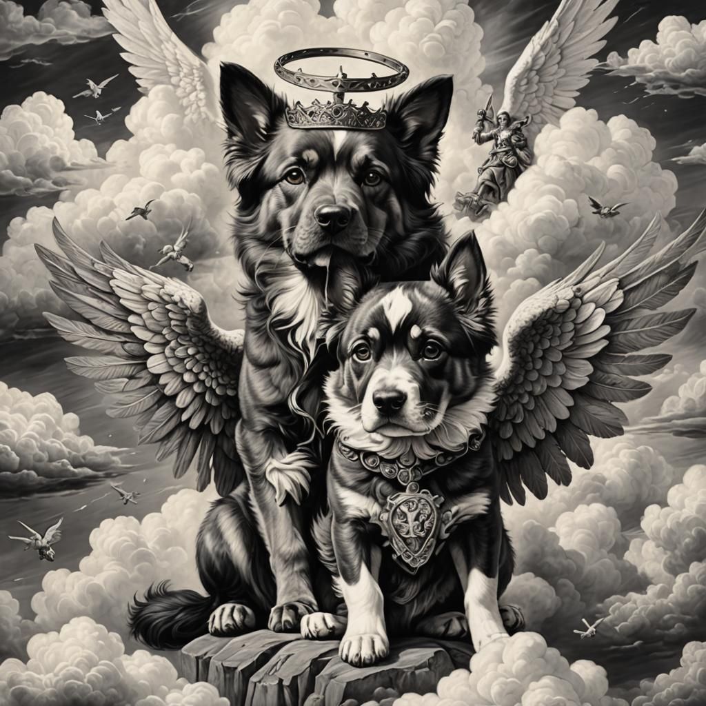 Heavenly Punk Dog and Angel Charcoal Drawing