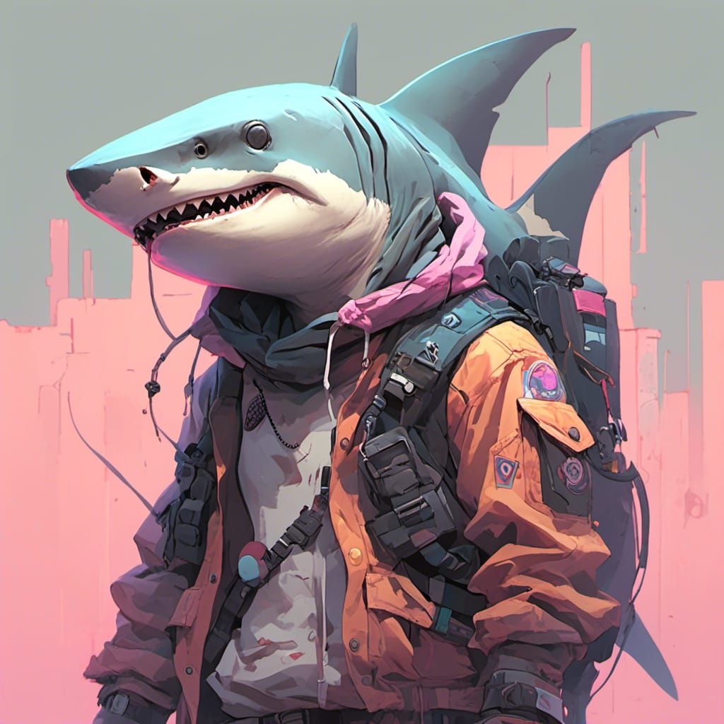 Cyberpunk Shark in Techwear, Detailed 4K Image