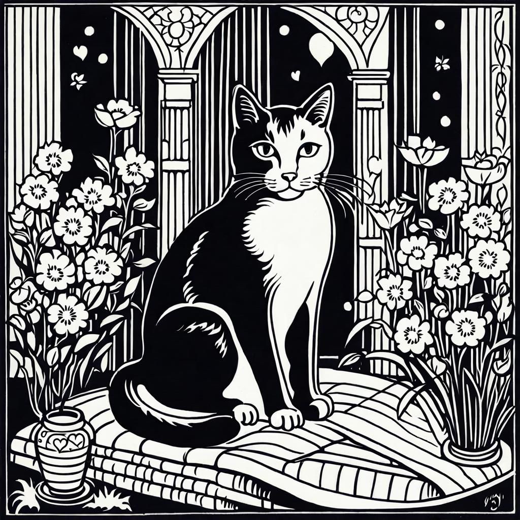 Cat with Flowers in Expressionist Woodcut Style