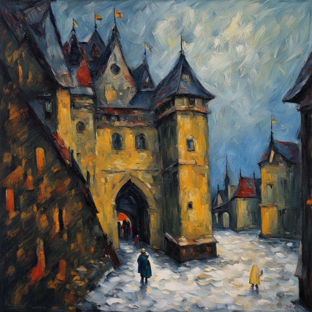 Medieval Castle Courtyard Scene in Neo-Impressionist Style