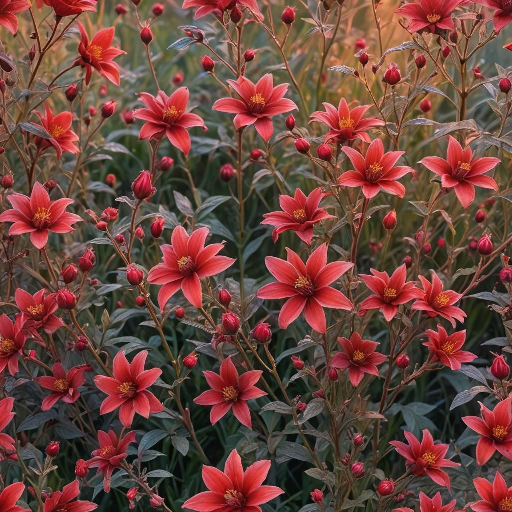 Intricate Silken Red Flowers in Morning Dew